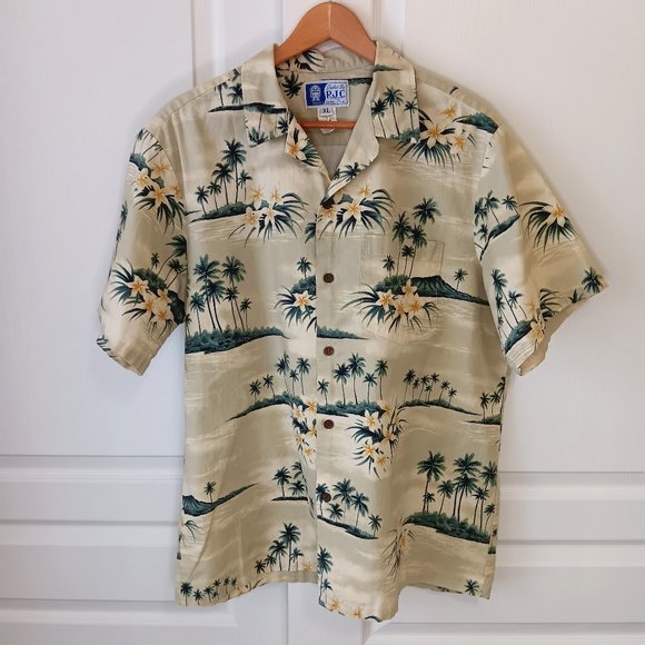 Vintage RJC Men's Pale Yellow Diamond Head View Hibiscus Hawaiian Shirt Size XL - Picture 1 of 14